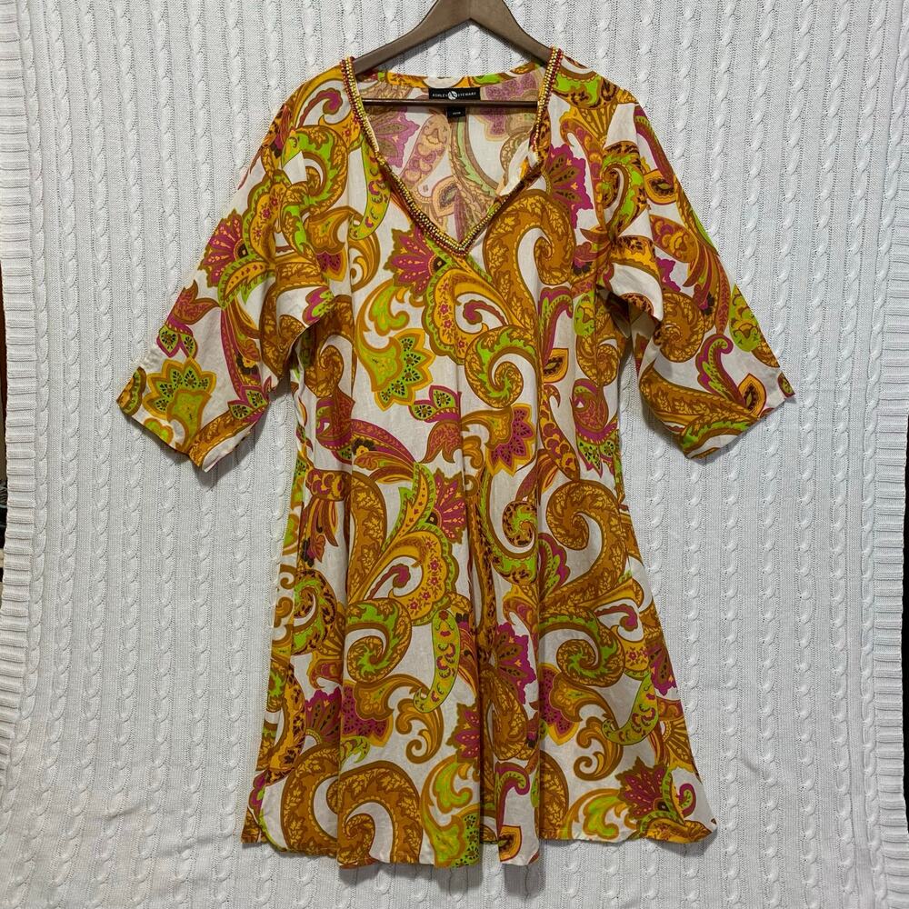 Ashley Stewart Beaded V-Neck Cotton/Linen Paisley Print Dress Women14-16 Boho